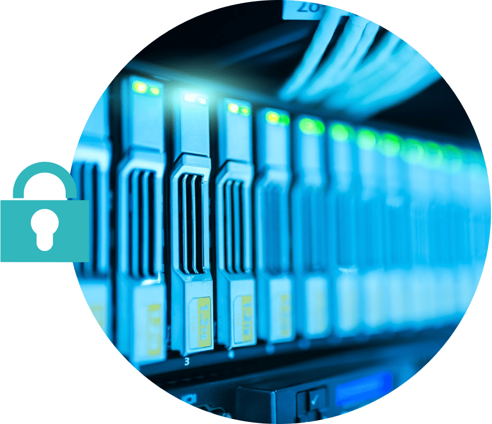 Nahaufnahme eines Rechenzentrums mit Datacenter Icon