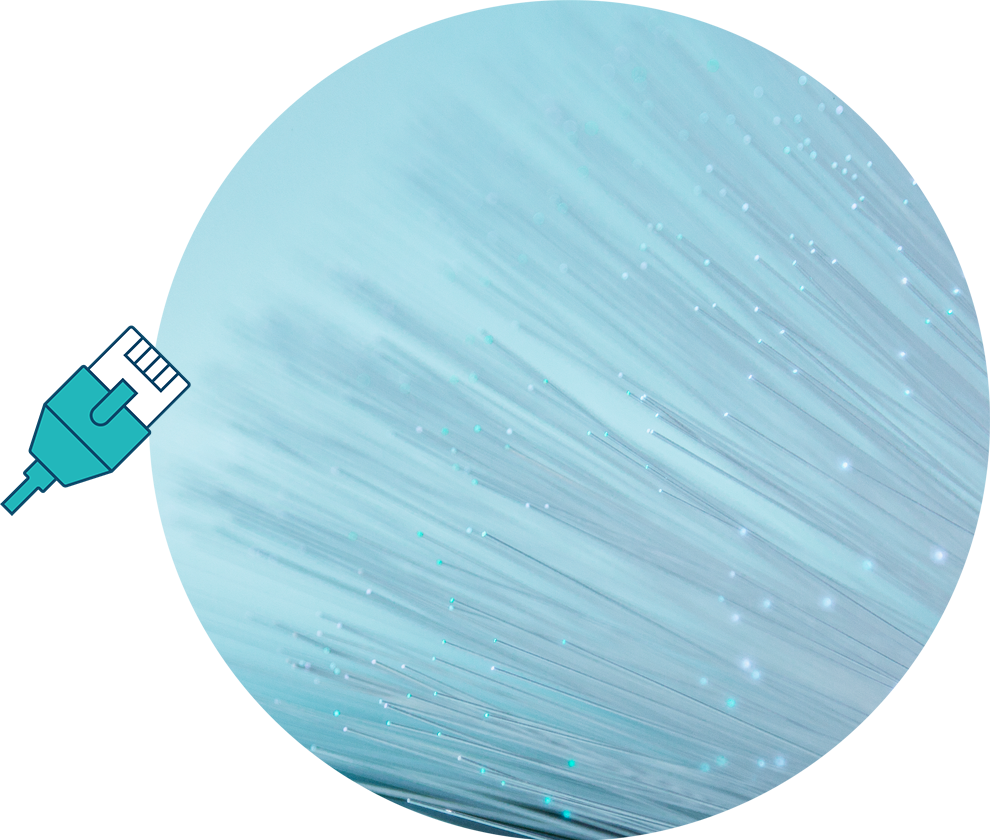 Nahaufnahme von Glasfaser mit Network Services Icon seitlich links