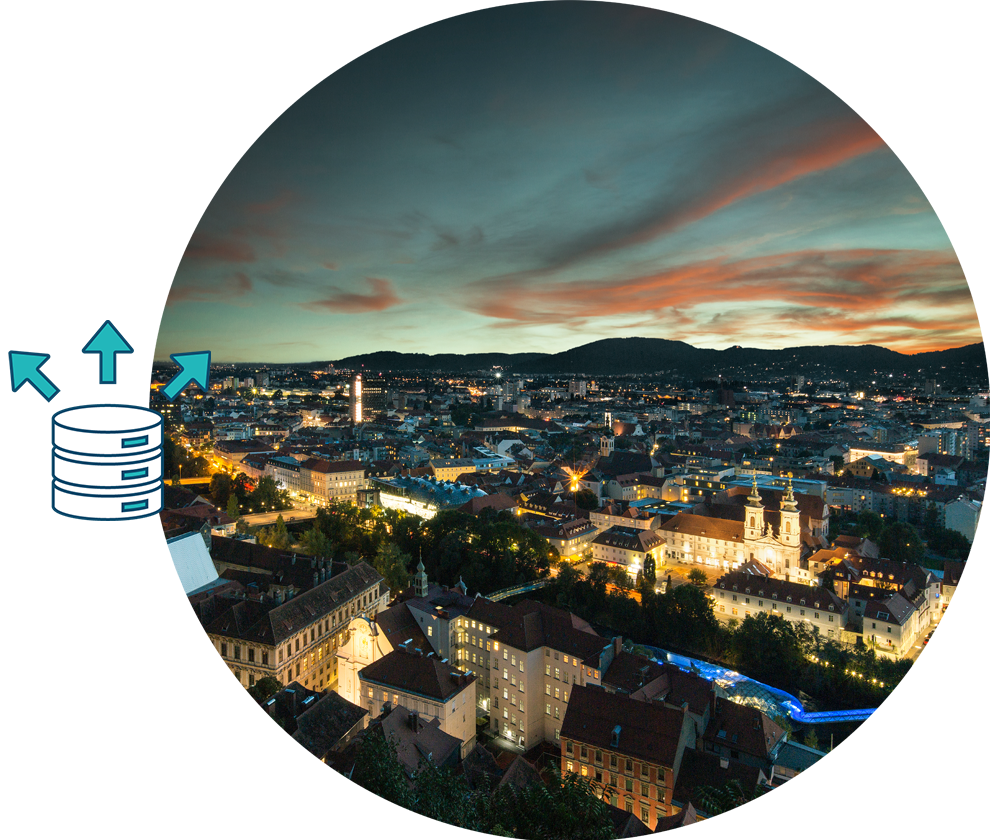 Blick über Graz bei Dämmerung mit OAN Icon seitlich links